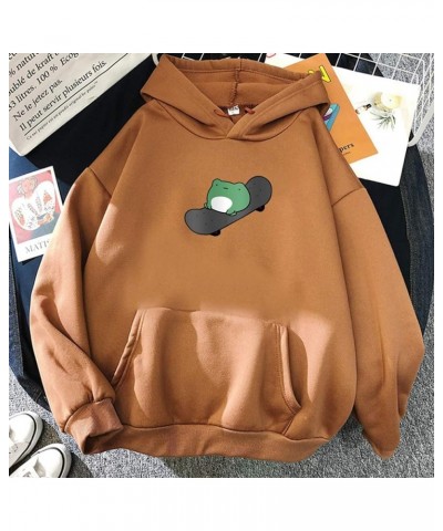 Women's Cute Hooded Sweatshirts Cartoon Frog Print Long Sleeve Hoodie Pullover Drawstring Tops Brown28 $14.30 Hoodies & Sweat...