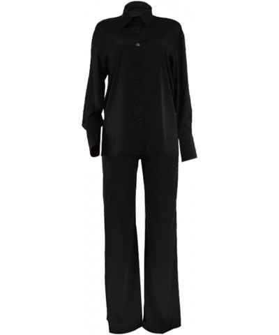 Womens Silk Satin 2 Piece Outfit Long Sleeve Lapel Button Down Tops Wide Leg Palazzo Loungewear Pajama Set Black $15.20 Sleep...