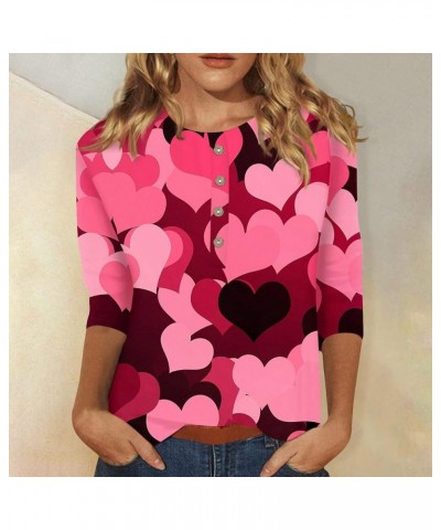 Spring Tops for Women 2024 Valentines Tops Fashion Casual 3/4 Sleeve Printed Round Neck Button Top Valentine Tops 3-watermelo...