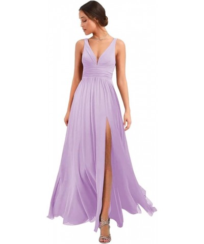 Women's Deep V Neck Bridesmaid Dresses with Slit 2023 Chiffon Pleats A Line Formal Party Dresses with Pockets YJ120 Lilac $27...