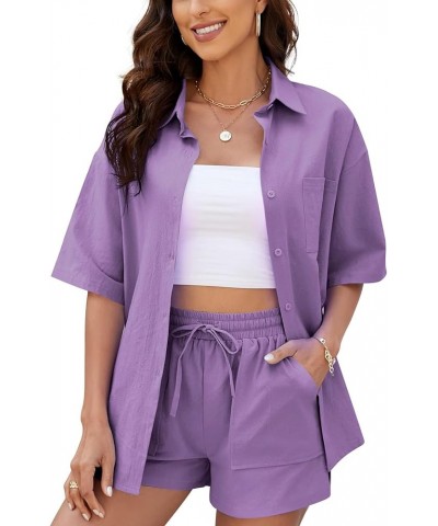 Women 2 Piece Outfits Cotton Linen Short Sleeve Button Down Shirt Blouse and Shorts Set Tracksuits Purple $18.55 Activewear