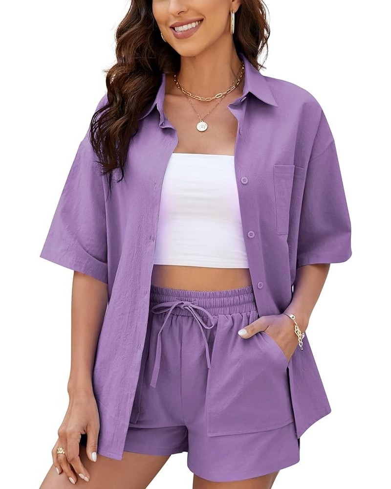 Women 2 Piece Outfits Cotton Linen Short Sleeve Button Down Shirt Blouse and Shorts Set Tracksuits Purple $18.55 Activewear