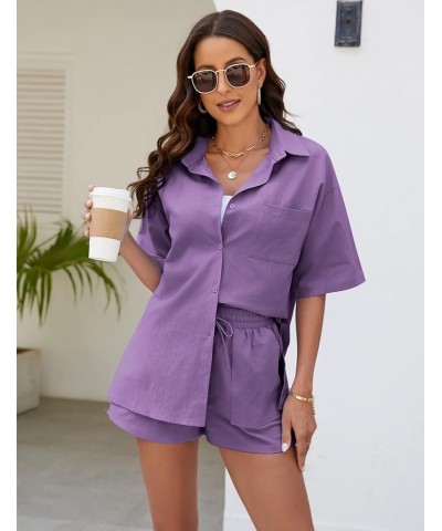 Women 2 Piece Outfits Cotton Linen Short Sleeve Button Down Shirt Blouse and Shorts Set Tracksuits Purple $18.55 Activewear