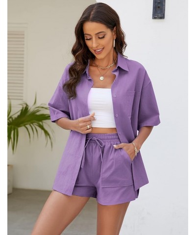 Women 2 Piece Outfits Cotton Linen Short Sleeve Button Down Shirt Blouse and Shorts Set Tracksuits Purple $18.55 Activewear