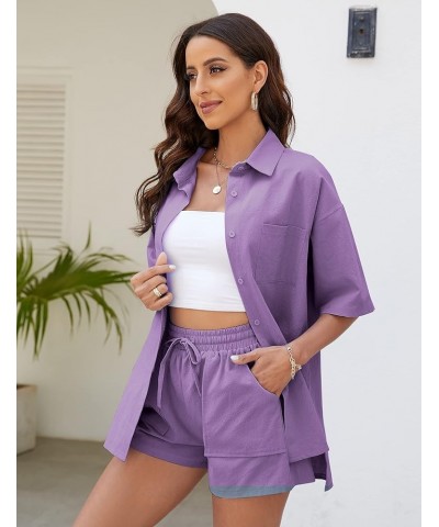 Women 2 Piece Outfits Cotton Linen Short Sleeve Button Down Shirt Blouse and Shorts Set Tracksuits Purple $18.55 Activewear