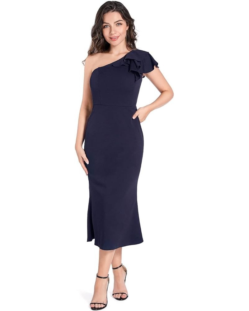 Women's Elegant Casual Sleeveless Ruffle One Shoulder High Waist Long Mini Dress Blue $17.39 Dresses