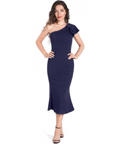 Women's Elegant Casual Sleeveless Ruffle One Shoulder High Waist Long Mini Dress Blue $17.39 Dresses