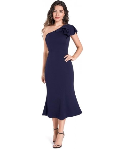 Women's Elegant Casual Sleeveless Ruffle One Shoulder High Waist Long Mini Dress Blue $17.39 Dresses