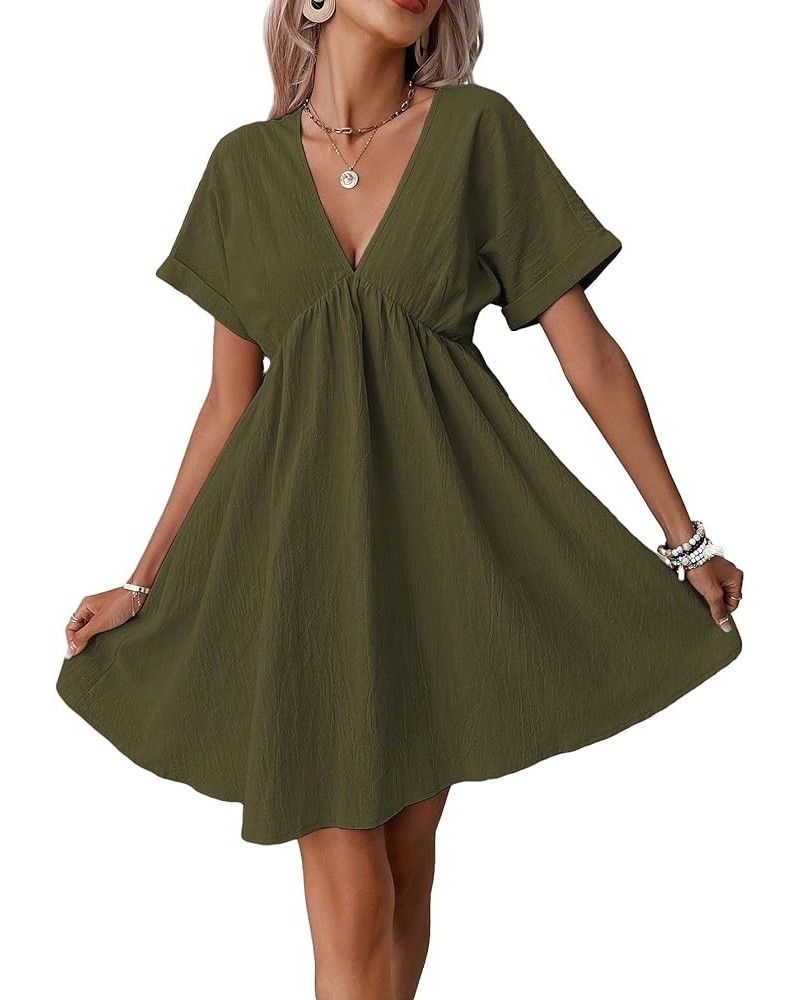 Women's V-Neck Solid Batwing Sleeve Ruffle Hem Flowing Short Dress Army Green $15.96 Dresses