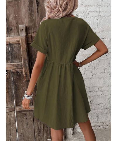 Women's V-Neck Solid Batwing Sleeve Ruffle Hem Flowing Short Dress Army Green $15.96 Dresses