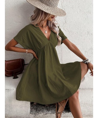 Women's V-Neck Solid Batwing Sleeve Ruffle Hem Flowing Short Dress Army Green $15.96 Dresses