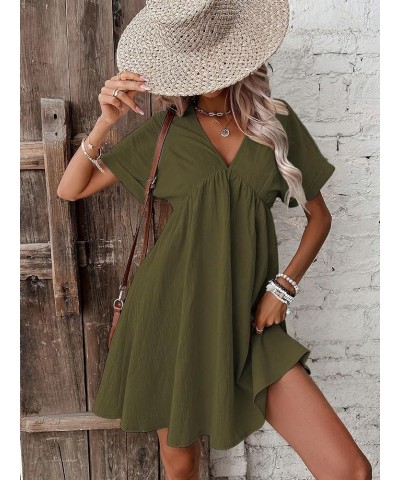 Women's V-Neck Solid Batwing Sleeve Ruffle Hem Flowing Short Dress Army Green $15.96 Dresses