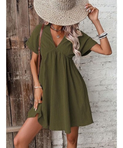 Women's V-Neck Solid Batwing Sleeve Ruffle Hem Flowing Short Dress Army Green $15.96 Dresses