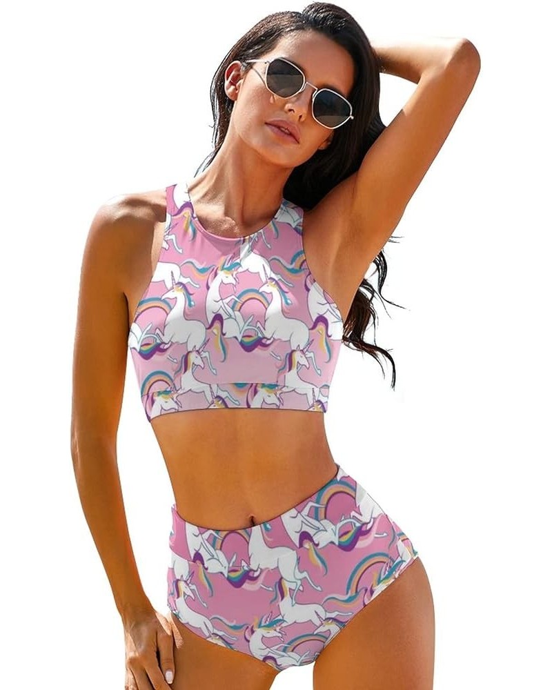 High Waisted Bikini Sets for Women 2 Piece Swimsuit High Neck Bikinis Women Racerback Bathing Suits Pink White Unicorn $14.35...