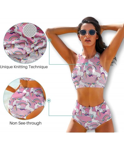 High Waisted Bikini Sets for Women 2 Piece Swimsuit High Neck Bikinis Women Racerback Bathing Suits Pink White Unicorn $14.35...