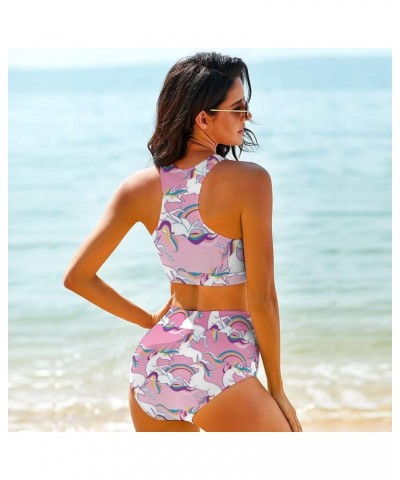 High Waisted Bikini Sets for Women 2 Piece Swimsuit High Neck Bikinis Women Racerback Bathing Suits Pink White Unicorn $14.35...