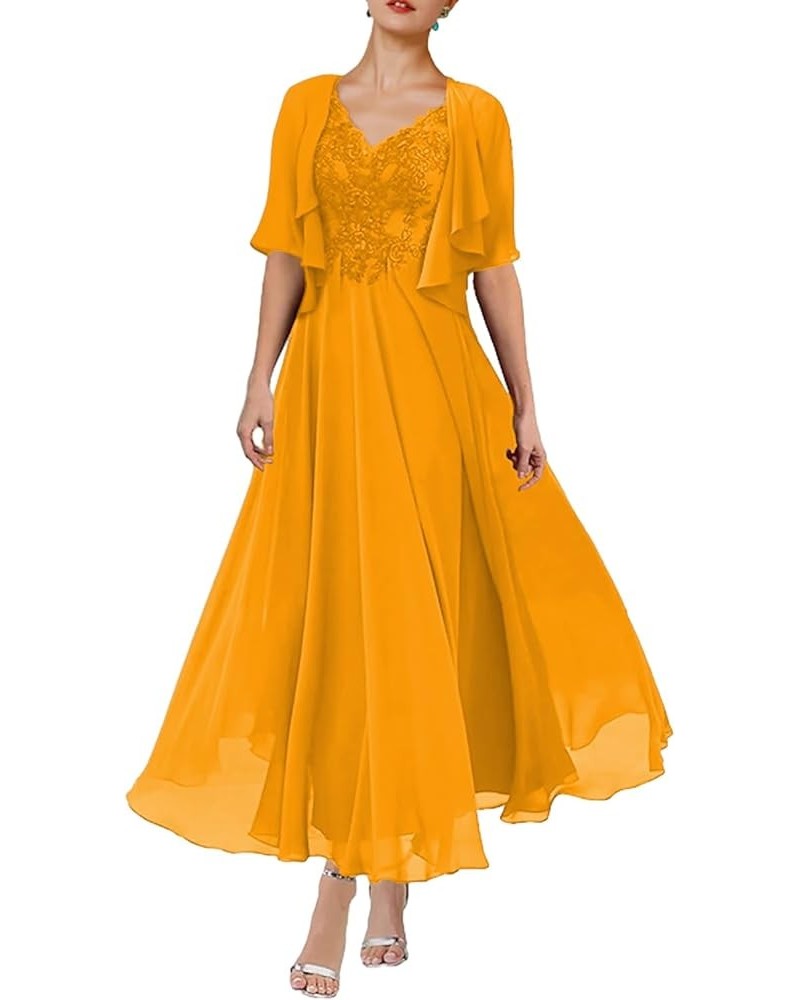 A-Line Mother of The Bride Dress Formal V Neck Tea Length Wedding Guest Dresses with Pleats Appliques 2023 JS052 Mustard Yell...