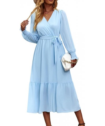 Women's Floral Print Boho Dress Long Sleeve Wrap V Neck Ruffle Belted A-Line Flowy Maxi Dresses Solid Light Blue $19.94 Dresses