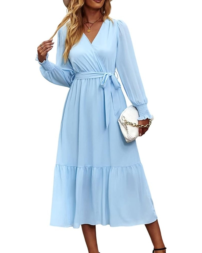 Women's Floral Print Boho Dress Long Sleeve Wrap V Neck Ruffle Belted A-Line Flowy Maxi Dresses Solid Light Blue $19.94 Dresses