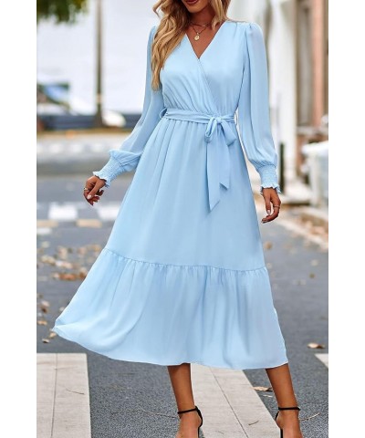 Women's Floral Print Boho Dress Long Sleeve Wrap V Neck Ruffle Belted A-Line Flowy Maxi Dresses Solid Light Blue $19.94 Dresses