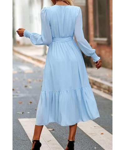 Women's Floral Print Boho Dress Long Sleeve Wrap V Neck Ruffle Belted A-Line Flowy Maxi Dresses Solid Light Blue $19.94 Dresses