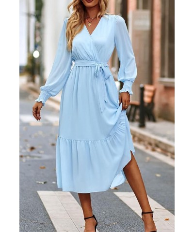 Women's Floral Print Boho Dress Long Sleeve Wrap V Neck Ruffle Belted A-Line Flowy Maxi Dresses Solid Light Blue $19.94 Dresses