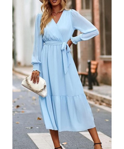 Women's Floral Print Boho Dress Long Sleeve Wrap V Neck Ruffle Belted A-Line Flowy Maxi Dresses Solid Light Blue $19.94 Dresses