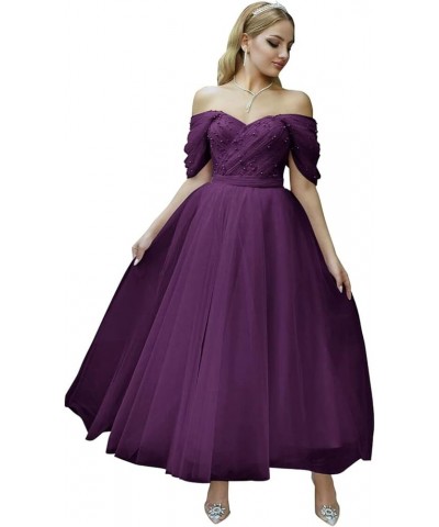 Tulle Tea Length Prom Dresses for Woman Off The Shoulder Beaded Puffy Formal Evening Party Dress Plum $45.89 Dresses