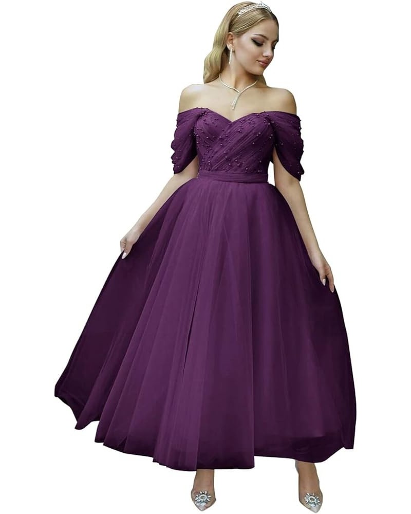 Tulle Tea Length Prom Dresses for Woman Off The Shoulder Beaded Puffy Formal Evening Party Dress Plum $45.89 Dresses