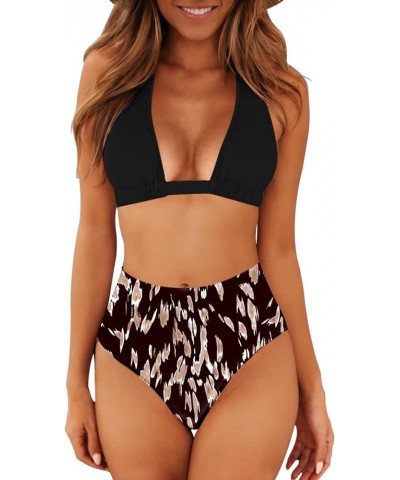 Women's Sexy High Waist Swimsuit 2 Piece Printed Halter Bikini Bathing Suits Black Top & Print $15.64 Swimsuits