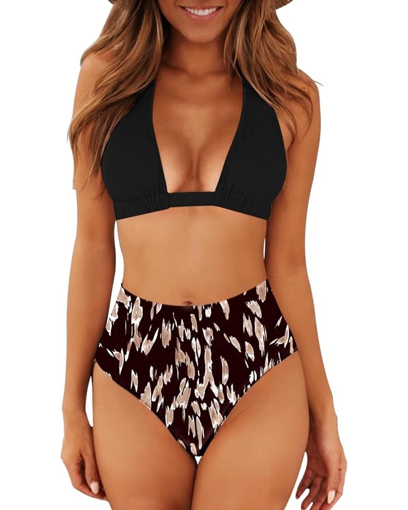 Women's Sexy High Waist Swimsuit 2 Piece Printed Halter Bikini Bathing Suits Black Top & Print $15.64 Swimsuits