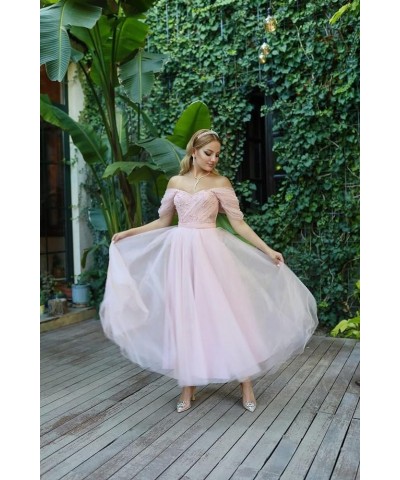 Tulle Tea Length Prom Dresses for Woman Off The Shoulder Beaded Puffy Formal Evening Party Dress Plum $45.89 Dresses