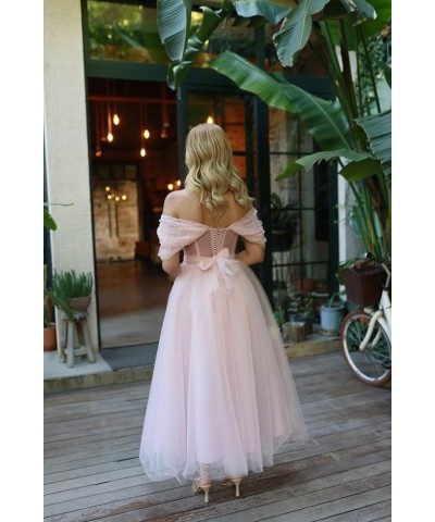 Tulle Tea Length Prom Dresses for Woman Off The Shoulder Beaded Puffy Formal Evening Party Dress Plum $45.89 Dresses