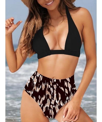 Women's Sexy High Waist Swimsuit 2 Piece Printed Halter Bikini Bathing Suits Black Top & Print $15.64 Swimsuits