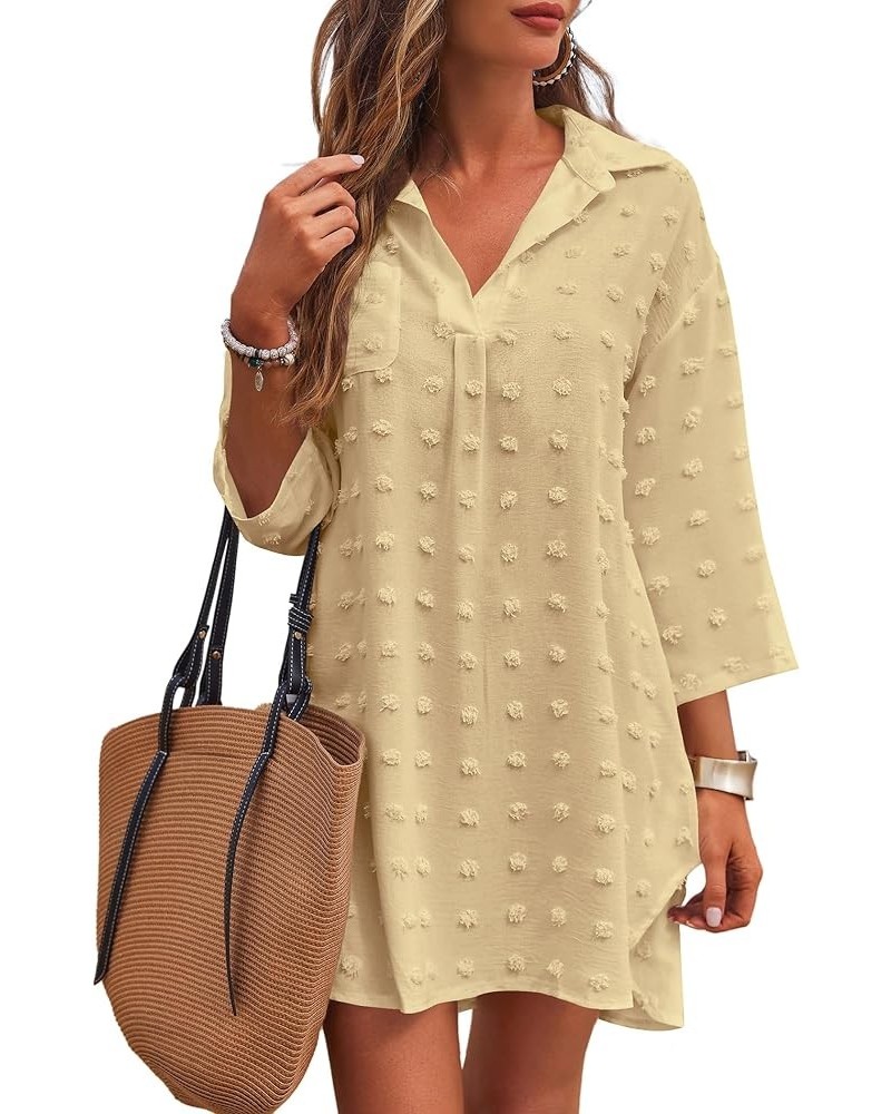 Women's Swimsuit Beach Cover Ups Shirt Chiffon Bikini Bathing Suit Swiss Dot Beach Shirt S-XXXL C-light Khaki-thick $12.90 Sw...