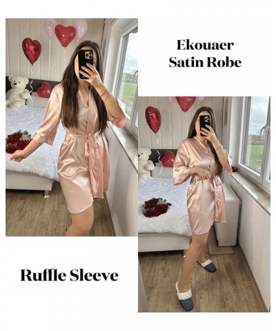 Women's Satin Robe Valentines Lingerie for Women Kimono Bathrobe Short Ruffle Belted Robes Bridesmaids Sleepwear Pastel Pink ...