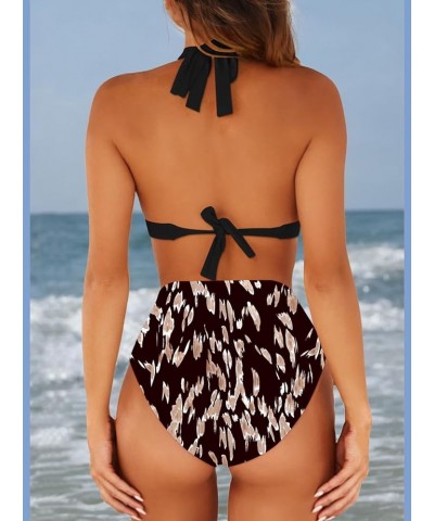 Women's Sexy High Waist Swimsuit 2 Piece Printed Halter Bikini Bathing Suits Black Top & Print $15.64 Swimsuits