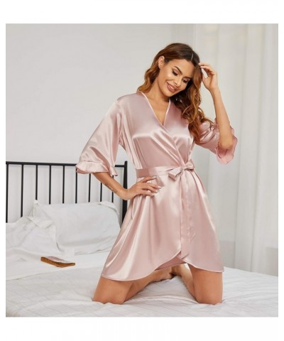 Women's Satin Robe Valentines Lingerie for Women Kimono Bathrobe Short Ruffle Belted Robes Bridesmaids Sleepwear Pastel Pink ...