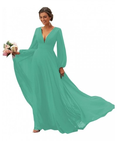 Women's Long Sleeves Bridesmaid Dresses V-Neck Chiffon A Line Formal Dress Evening Gowns with Train Turquoise $29.14 Dresses