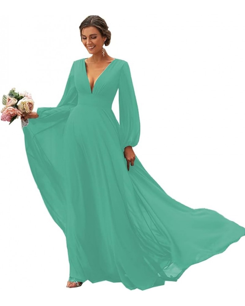 Women's Long Sleeves Bridesmaid Dresses V-Neck Chiffon A Line Formal Dress Evening Gowns with Train Turquoise $29.14 Dresses