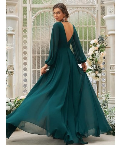 Women's Long Sleeves Bridesmaid Dresses V-Neck Chiffon A Line Formal Dress Evening Gowns with Train Turquoise $29.14 Dresses