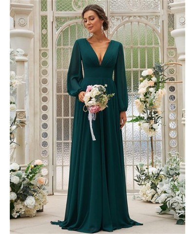 Women's Long Sleeves Bridesmaid Dresses V-Neck Chiffon A Line Formal Dress Evening Gowns with Train Turquoise $29.14 Dresses