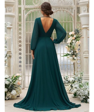 Women's Long Sleeves Bridesmaid Dresses V-Neck Chiffon A Line Formal Dress Evening Gowns with Train Turquoise $29.14 Dresses