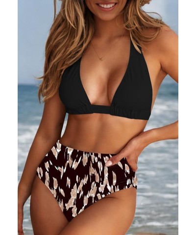 Women's Sexy High Waist Swimsuit 2 Piece Printed Halter Bikini Bathing Suits Black Top & Print $15.64 Swimsuits