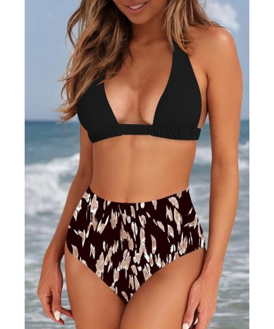 Women's Sexy High Waist Swimsuit 2 Piece Printed Halter Bikini Bathing Suits Black Top & Print $15.64 Swimsuits