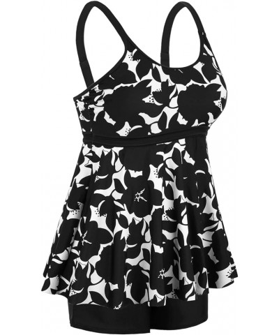 Womens Plus Size Tankini Swimsuits with Shorts Athletic Two Piece Flowy Swimdress Tummy Control Bathing Suits Black&flower 2 ...