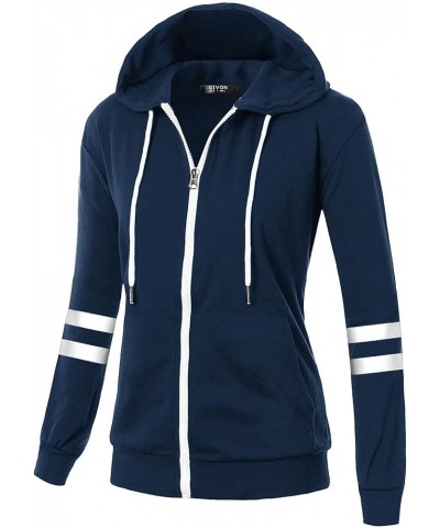 Womens Comfortable Long Sleeve Striped Hoodie Jacket Lightweight Hooded Sweatshirt with Kanga Pocket Dcf260-navy $17.00 Hoodi...