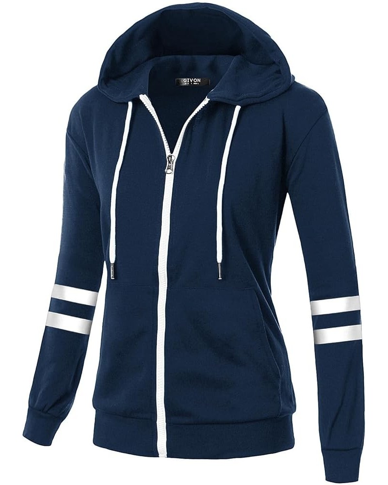 Womens Comfortable Long Sleeve Striped Hoodie Jacket Lightweight Hooded Sweatshirt with Kanga Pocket Dcf260-navy $17.00 Hoodi...