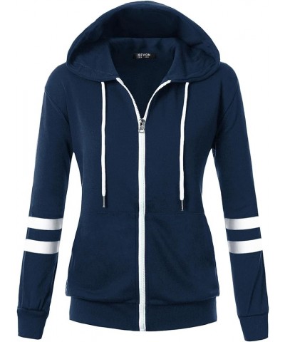 Womens Comfortable Long Sleeve Striped Hoodie Jacket Lightweight Hooded Sweatshirt with Kanga Pocket Dcf260-navy $17.00 Hoodi...