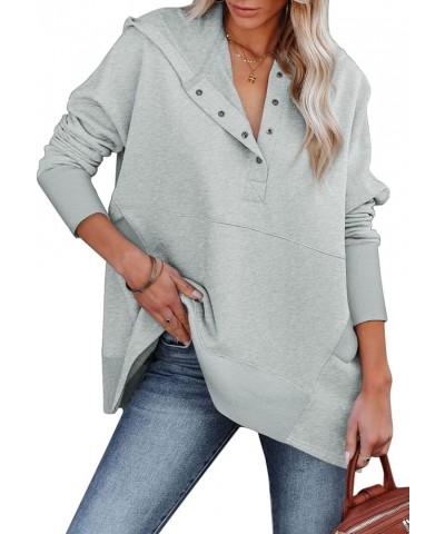 Women Casual Button V Neck Hoodies Oversized Pullover Sweatshirt Hooded Tops with Pockets Light Gray $22.43 Hoodies & Sweatsh...